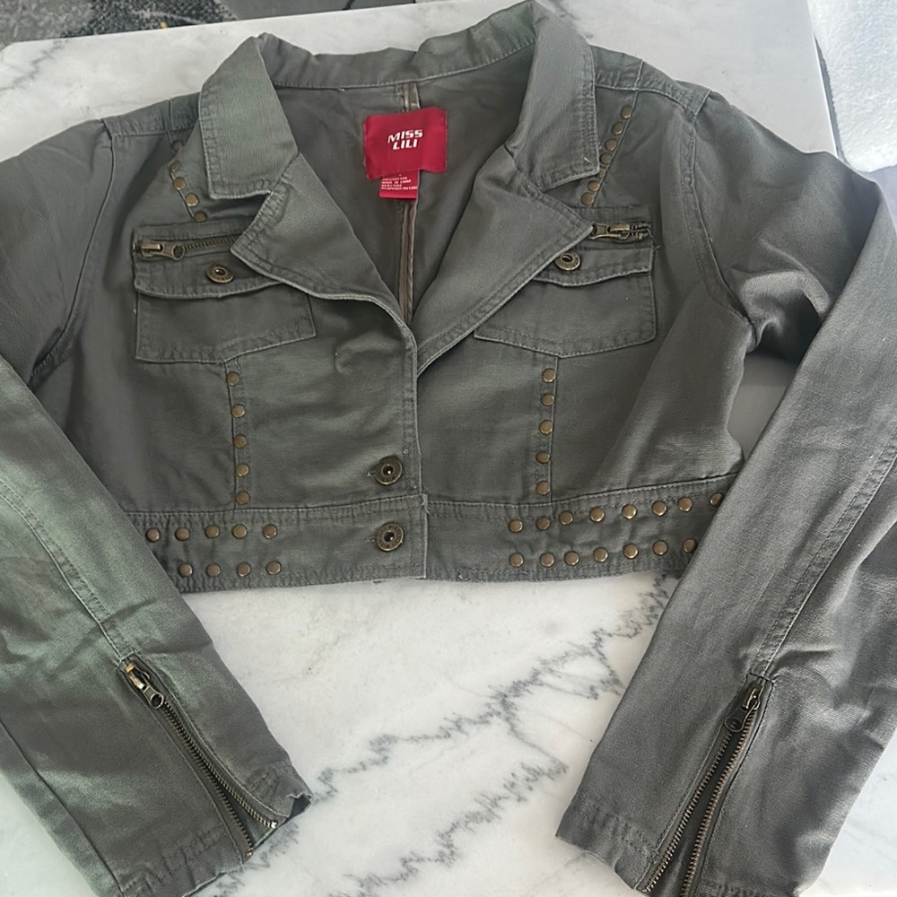 Miss Lili Olive Green Studded Jean Jacket Size L